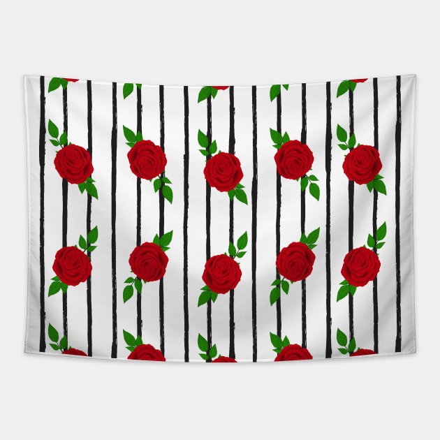 Red Roses with Black Vertical Lines Tapestry by GraphiscbyNel