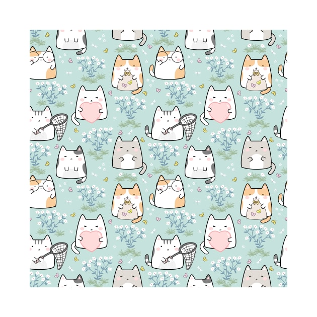 Seamless Pattern plant butterflies Cute Kawaii Cats by jodotodesign