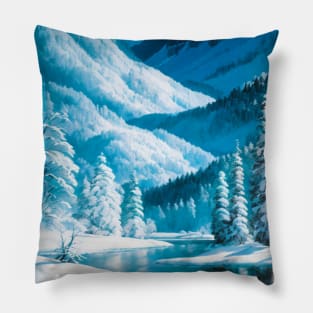 Snowy Alpine River in Winter Pillow