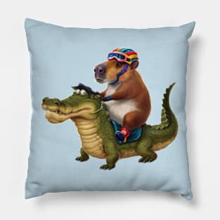 Funny Capybara Riding On a Crocodile Pillow