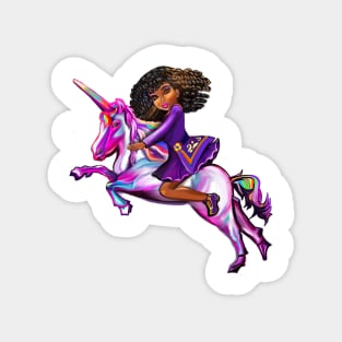 Curly hair Princess on a unicorn pony, lit up- black girl with curly afro hair on a horse Magnet