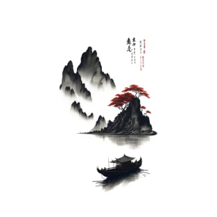 Japanese picture Japan traditional art Sumi e painting a boat in the river with mountain T-Shirt