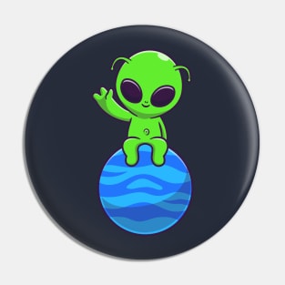 Cute Alien Sitting On Planet with Waving Hand Cartoon Pin