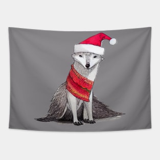 Arctic Fox wearing Santa Hat Tapestry