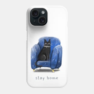 Cartoon black cat in a blue armchair and the inscription "Stay home". Phone Case