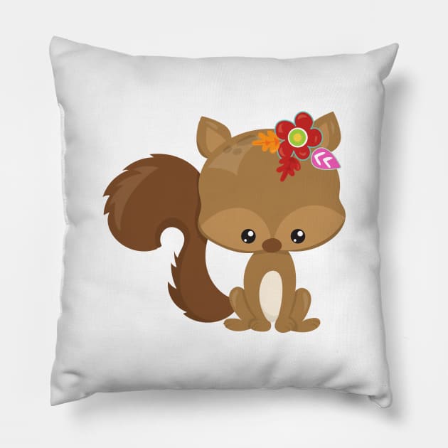 Spring Animals, Cute Squirrel, Colorful Flowers Pillow by Jelena Dunčević