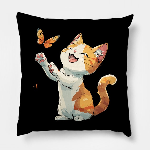 A Cute Cat Trying to Catch a Butterfly Pillow by BrushedbyRain