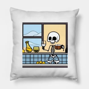 Skeleton drinking wine in house with windows Pillow