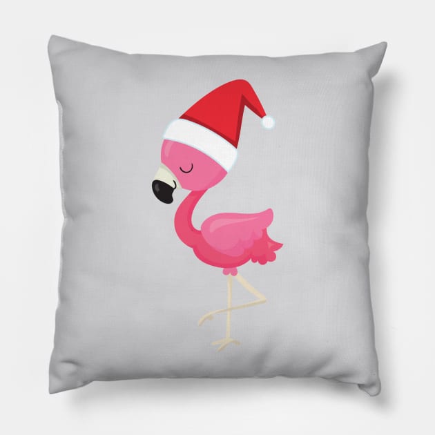 Christmas Flamingo, Pink Flamingo, Bird, Santa Hat Pillow by Jelena Dunčević