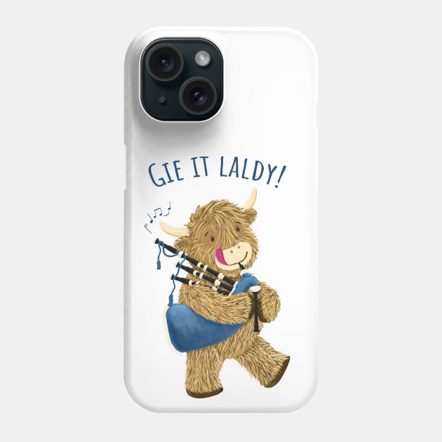 Wee Hamish Scottish Highland Cow And Bagpipes Says Gie It Laldy! Phone Case by brodyquixote