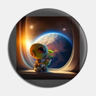 Cute Alien holding a green plant - We come in peace Pin
