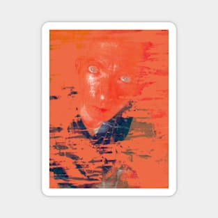 Portrait, digital collage and special processing. Man looking on us. Eyes. Smudged shapes. Orange and aquamarine. Magnet