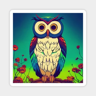 Colorful Owl on Branch Portrait Illustration - Bright Vibrant Colors Bohemian Style Feathers Psychedelic Bird Animal Rainbow Colored Art Magnet