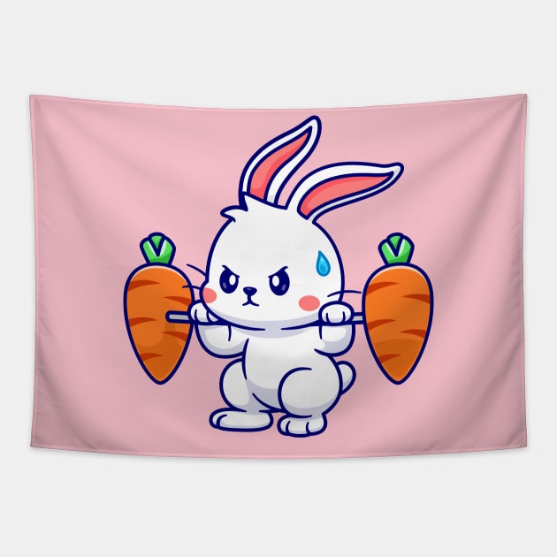 Cute Rabbit Lifting Carrots Barbell Cartoon Tapestry by Catalyst Labs