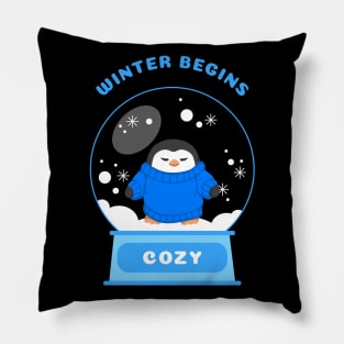 Winter Begins Cozy Penguin (Blue) Pillow