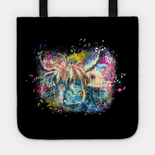 Highland Cow Bull Pink Blue Abstract Rustic Farmhouse Tote