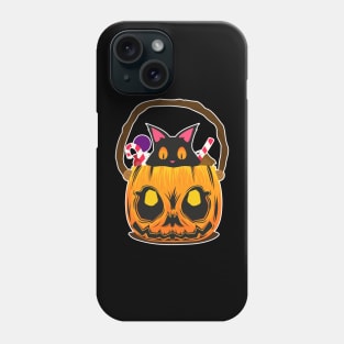 Black cat in malevolent pumpkin full of sweets on Halloween Phone Case