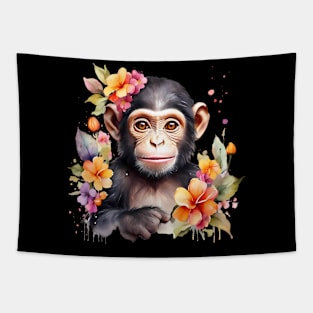 A baby chimpanzee decorated with beautiful watercolor flowers Tapestry