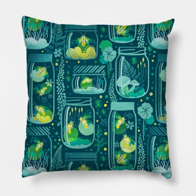 Glowing in the moss // pattern // teal background jars with lightning fireflies bugs quirky whimsical and bioluminescence lampyridae beetles Pillow by SelmaCardoso