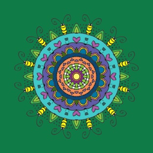 Colorful Mandala with Hearts and Bugs on Green T-Shirt