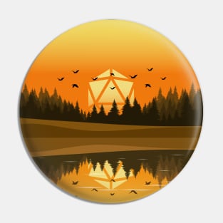 Peaceful River Sunset Forest 20 Sided Polyhedral Dice Sun TTRPG Landscape Pin