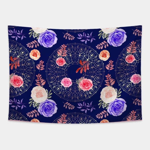 Spring Mandalas and Roses Midnight Blue Tapestry by sandpaperdaisy