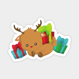 Christmas Reindeer, Red Nose, Gifts, Presents Magnet