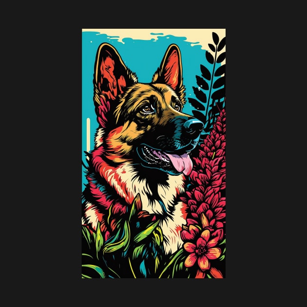 German Shepherd Dog Vibrant Tropical Flower Tall Retro Vintage Digital Pop Art Portrait by ArtHouseFlunky