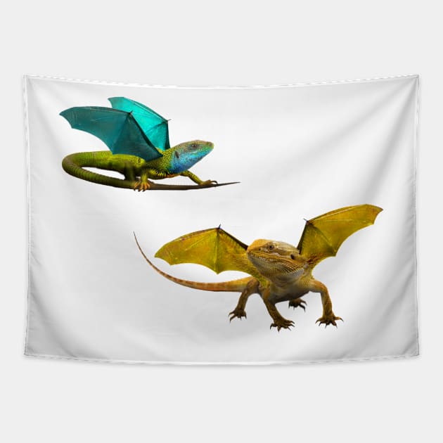 Yellow and Blue Dragon on Chartreuse Tapestry by Elizabeths-Arts