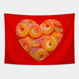 Sour Gummy Peach Rings and Slices Candy Photo Heart Tapestry