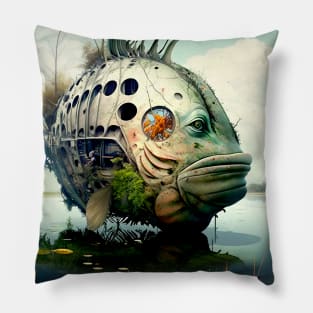 The Armored Angler: The Future of Fish on a Dark Background Pillow