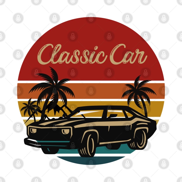 classic car retro  vintage aesthetic sunset circle with palms and mountains, gift for dad, retro designs for car lovers by Maroon55