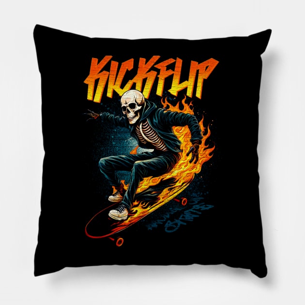 Kickflip Skeleton around on a skateboard Pillow by Snoobdesignbkk