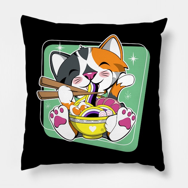 Cat Eating Ramen Non Binary Pillow by CuddleswithCatsArt