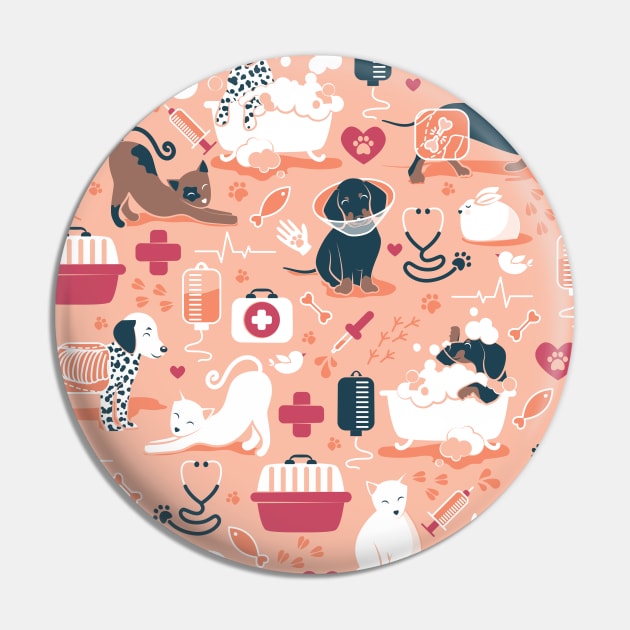 Veterinary medicine, happy and healthy friends // coral background red details navy blue white and brown cats dogs and other animals Pin by SelmaCardoso