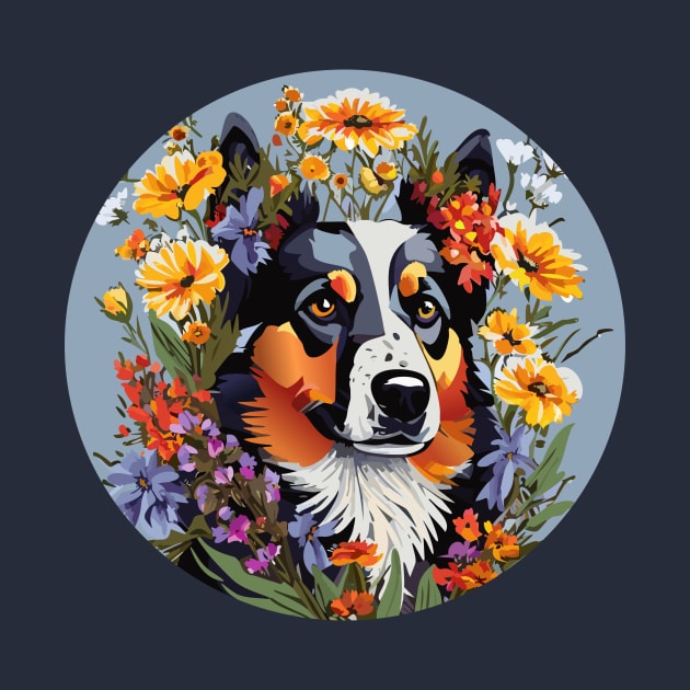 Tricolor Dog with Wildflowers by DestructoKitty