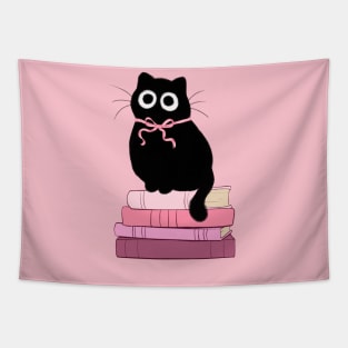 pink coquette cat on stack of books Tapestry