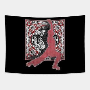 Yoga Pose In Red And Black Against A Sphere Tapestry