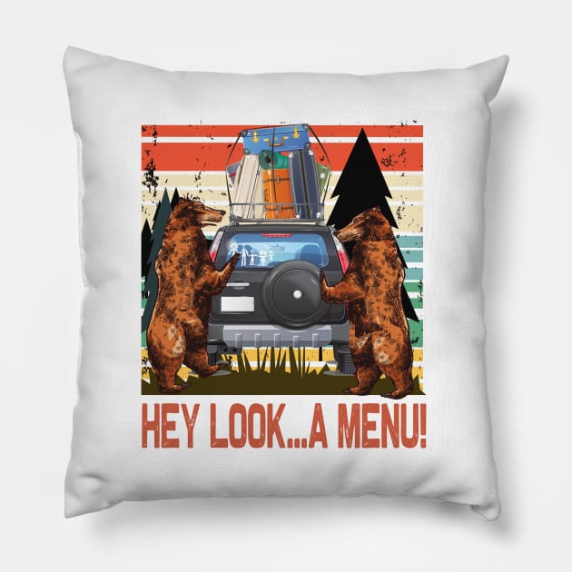 Hey look A Menu..Funny bear camper Pillow by DODG99
