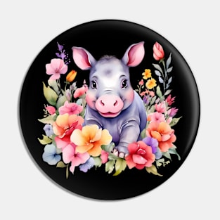 A baby hippo decorated with beautiful watercolor flowers Pin