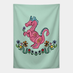 Happy Little Pink Dragon Smelling Flowers Tapestry