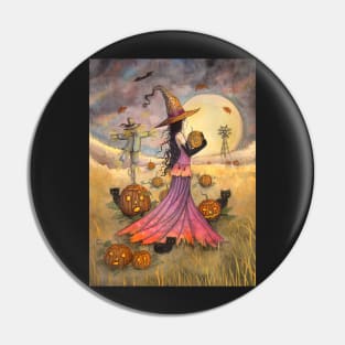 October Fields Halloween Witch and Scarecrow Fantasy Art Pin