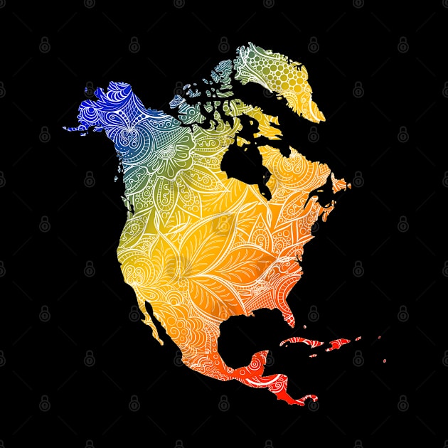 Colorful mandala art map of North America with text in blue, yellow, and red by Happy Citizen