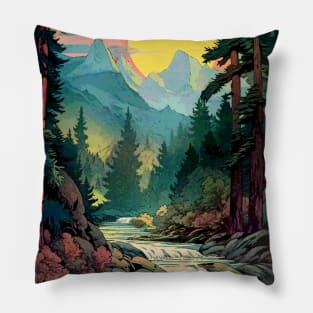 Mountains River Trees with Sunrise Pillow