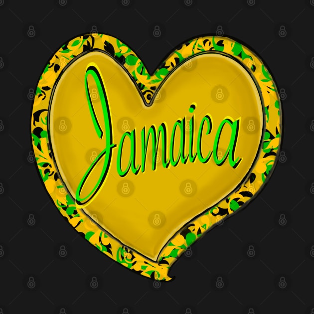 Jamaica in a heart - Jamaica in black green and gold flag colours colours inside a heart shape by Artonmytee