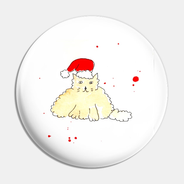 Cat in Santa Claus hat, pet, xmas, holiday. Watercolor illustration on a winter theme, congratulations Pin by grafinya