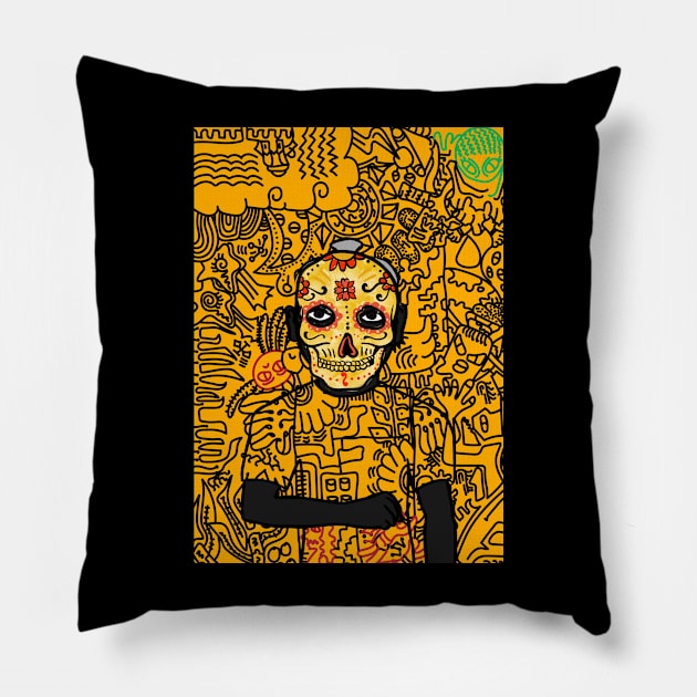 T 800: The Robotic Marvel with MaleMask, MexicanEye Color, and DarkSkin Color" - NFT with GrayItem and Doodle Art Pillow by Hashed Art