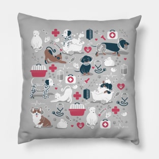 Veterinary medicine, happy and healthy friends // grey background red details navy blue white and brown cats dogs and other animals Pillow