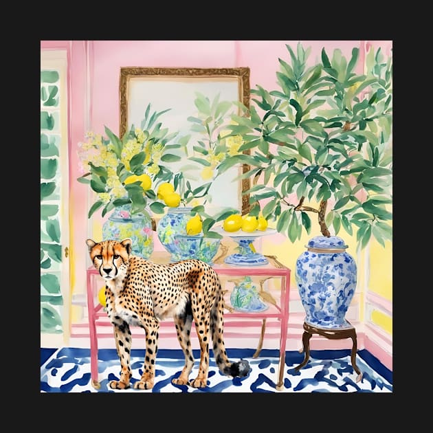 Cheetah in chinoiserie interior with lemon tree by SophieClimaArt