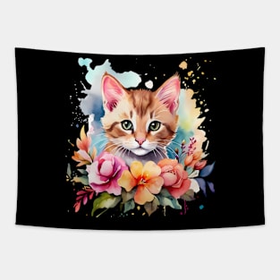 A cat decorated with beautiful watercolor flowers Tapestry